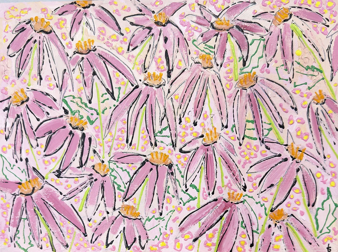 Coneflowers, Acrylic on wood panel, 9” x 12”. Includes canvas Floater Frame in Natural Wood