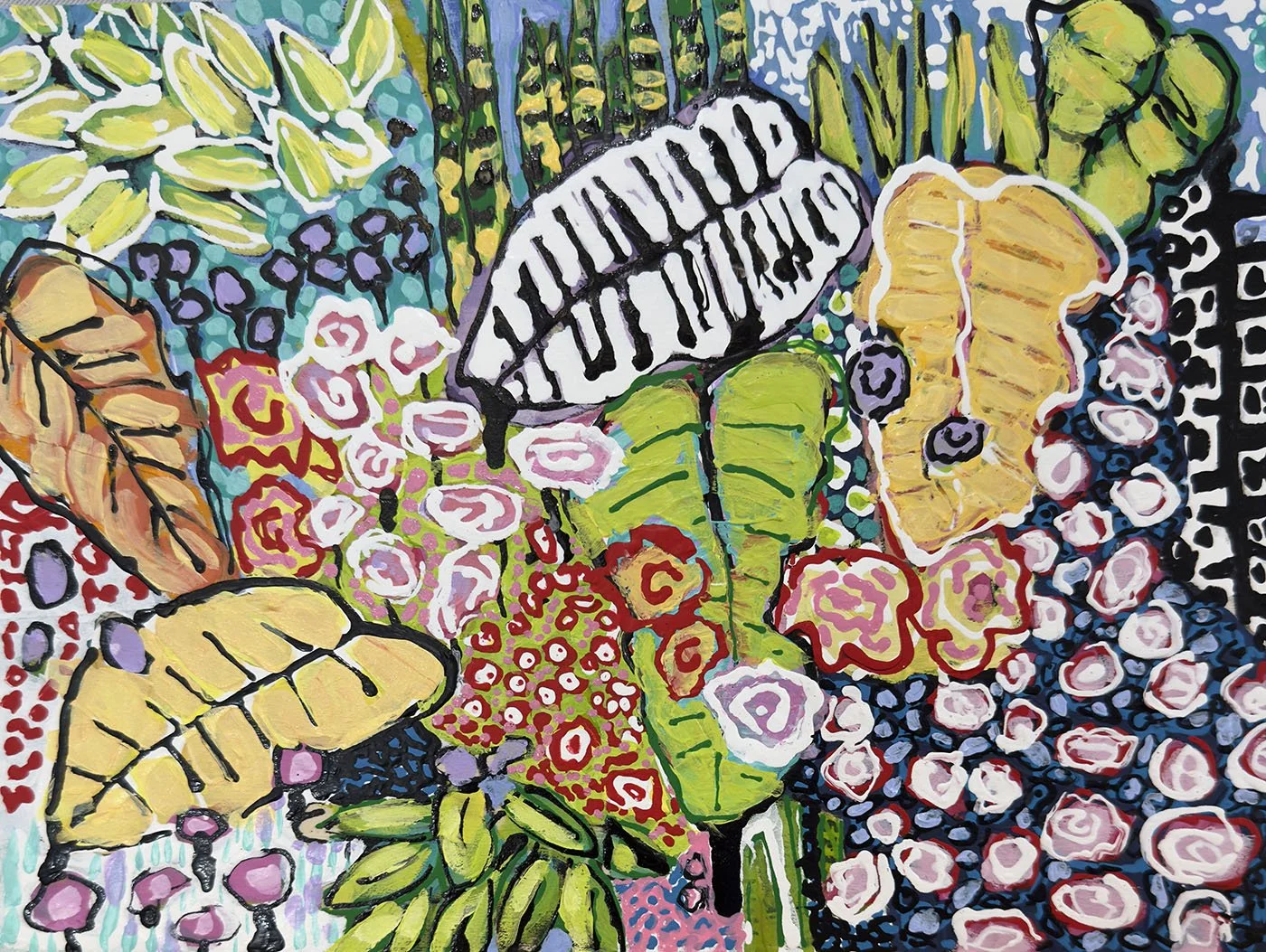 Greenhouse Beauties, Acrylic on wood panel, 9” x 12”Includes canvas Floater Frame in Natural Wood