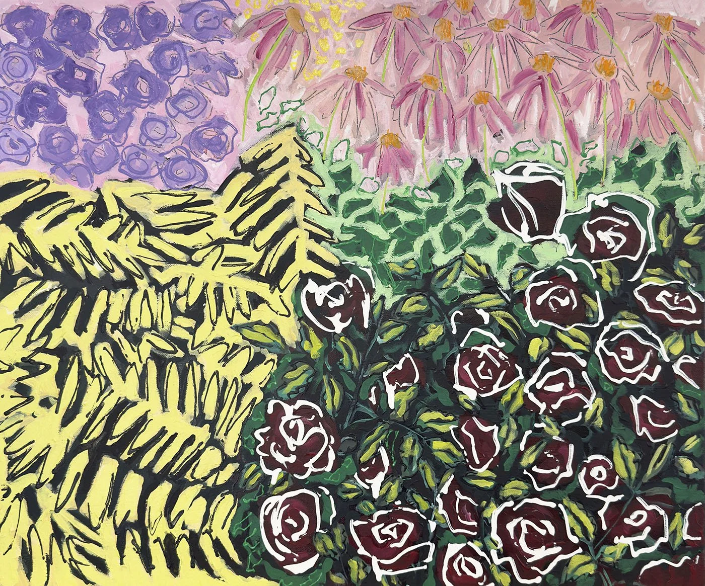 Encounter, Acrylic on canvas, 20” x 24”. Includes canvas Floater Frame in Black