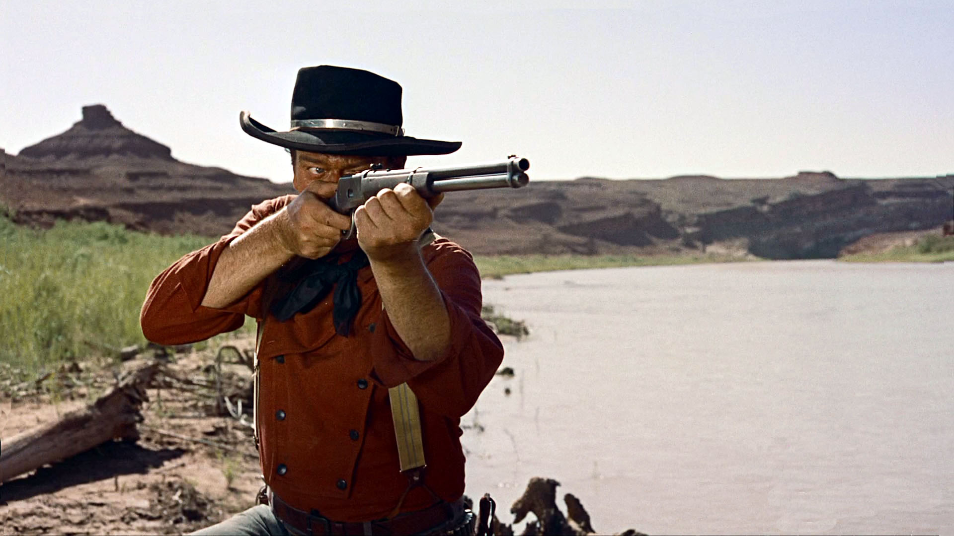 He could be shooting lawbreakers in the old-west or scavenging post-apocalyptic raiders or muties, they'd all make sense.