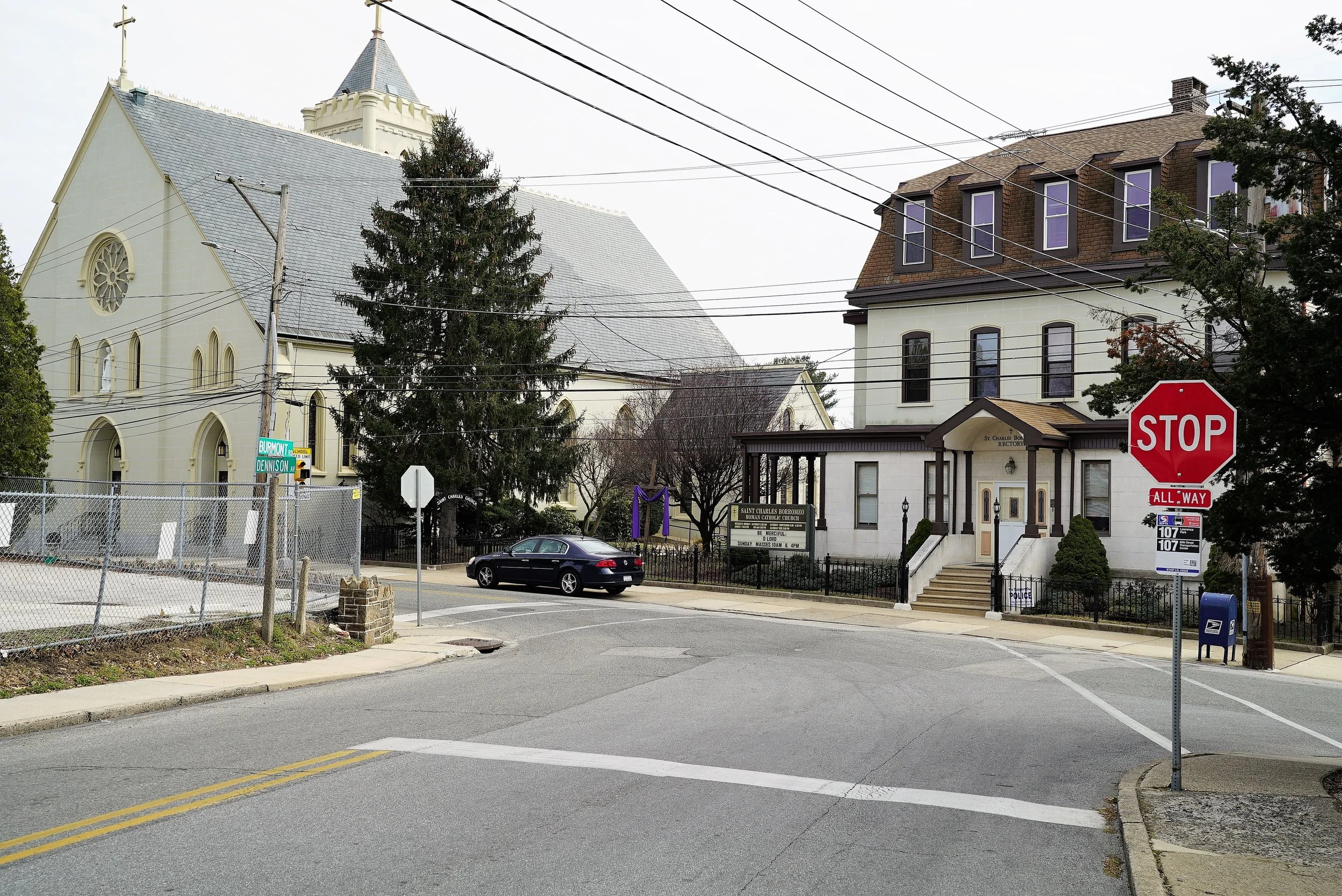 View from the street: St. Charles Borromeo Catholic Church Cemetery. Drexel Hill, PA.