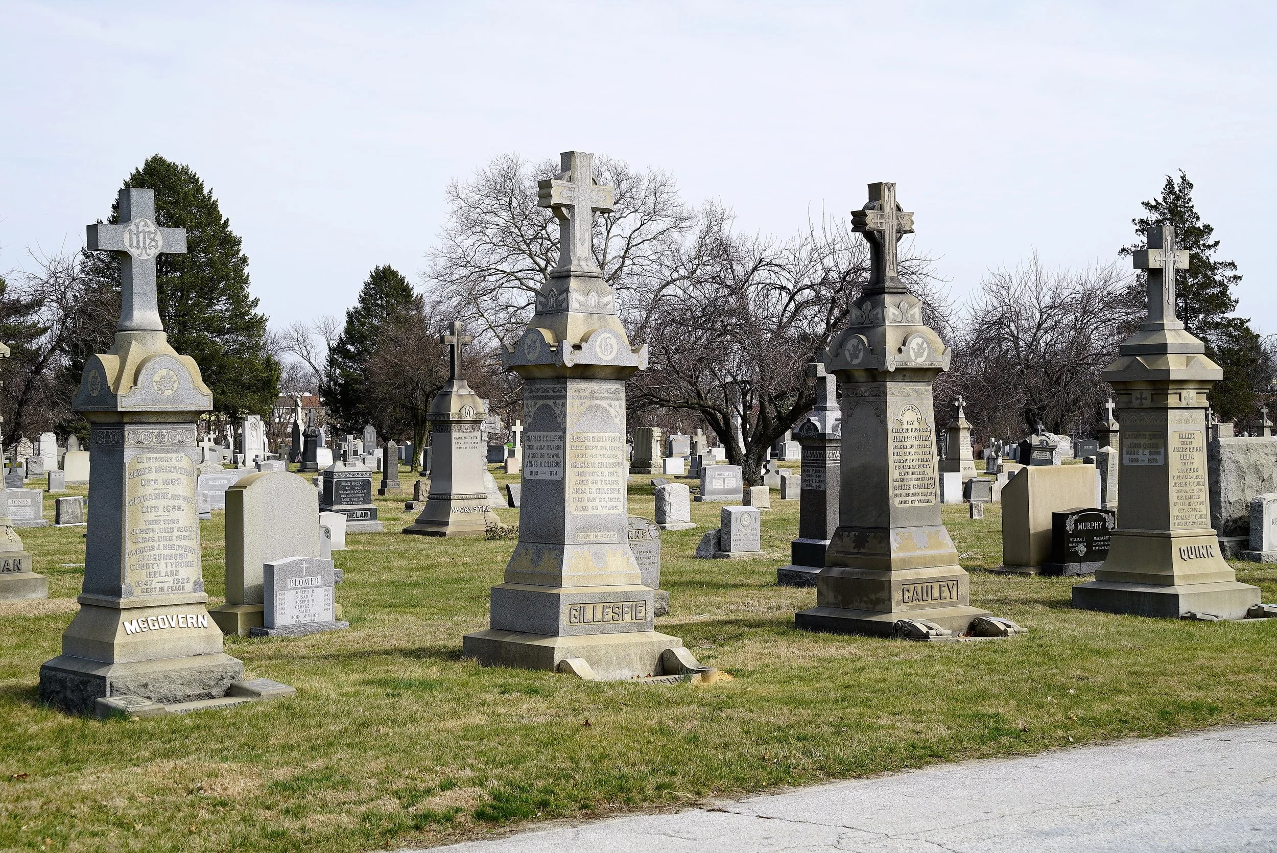 Photo: Tall monuments at Holy Cross Cemetery. Yeadon, Pennsylvania.