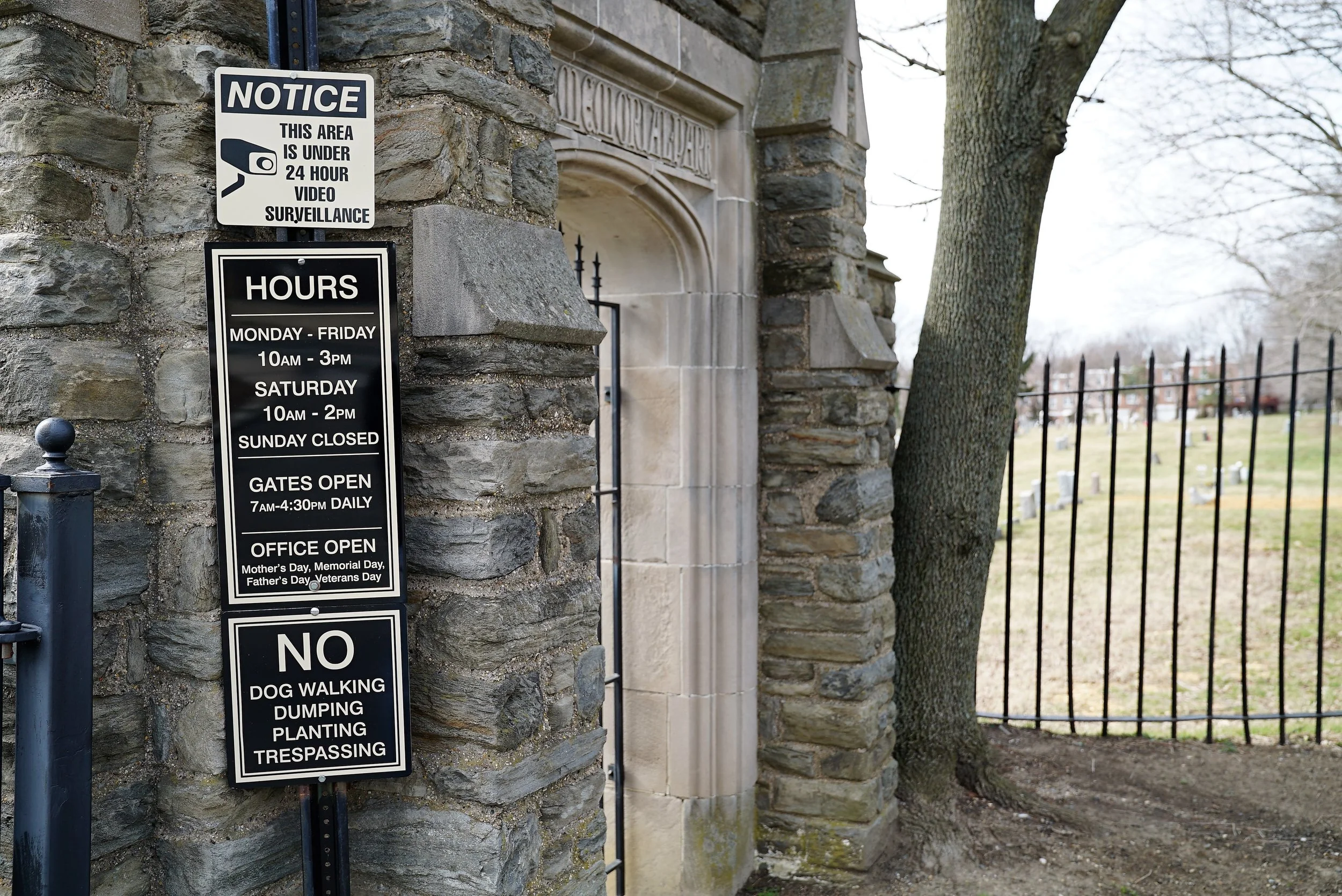 Eden Cemetery, Collingdale, Pennsylvania. The signage at the front gate is a little confusing.