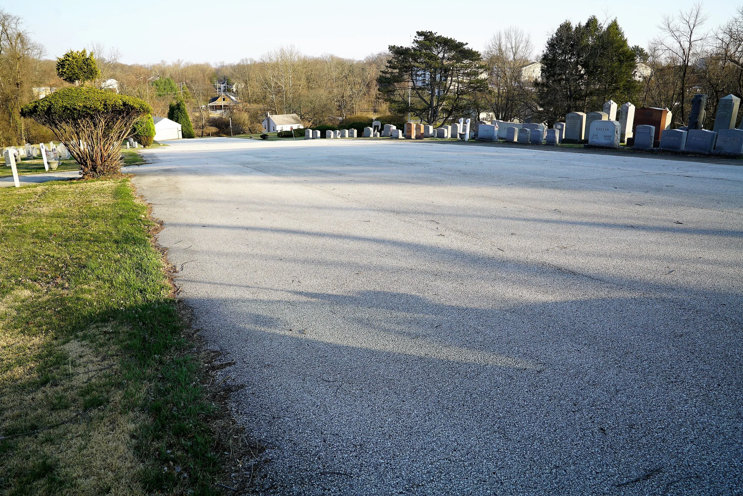 Ample parking at Ohev Shalom Cemetery in Brookhaven, PA. (Don't forget to engage your parking brake.)