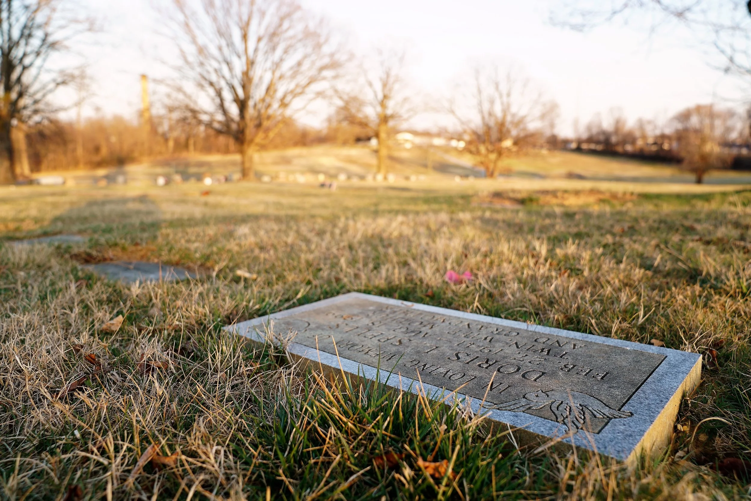 A raised flat marker at Haven Memorial Cemetery in Chester Township, Pennsylvania. This is one of many that is prone to damage by lawn mowers.