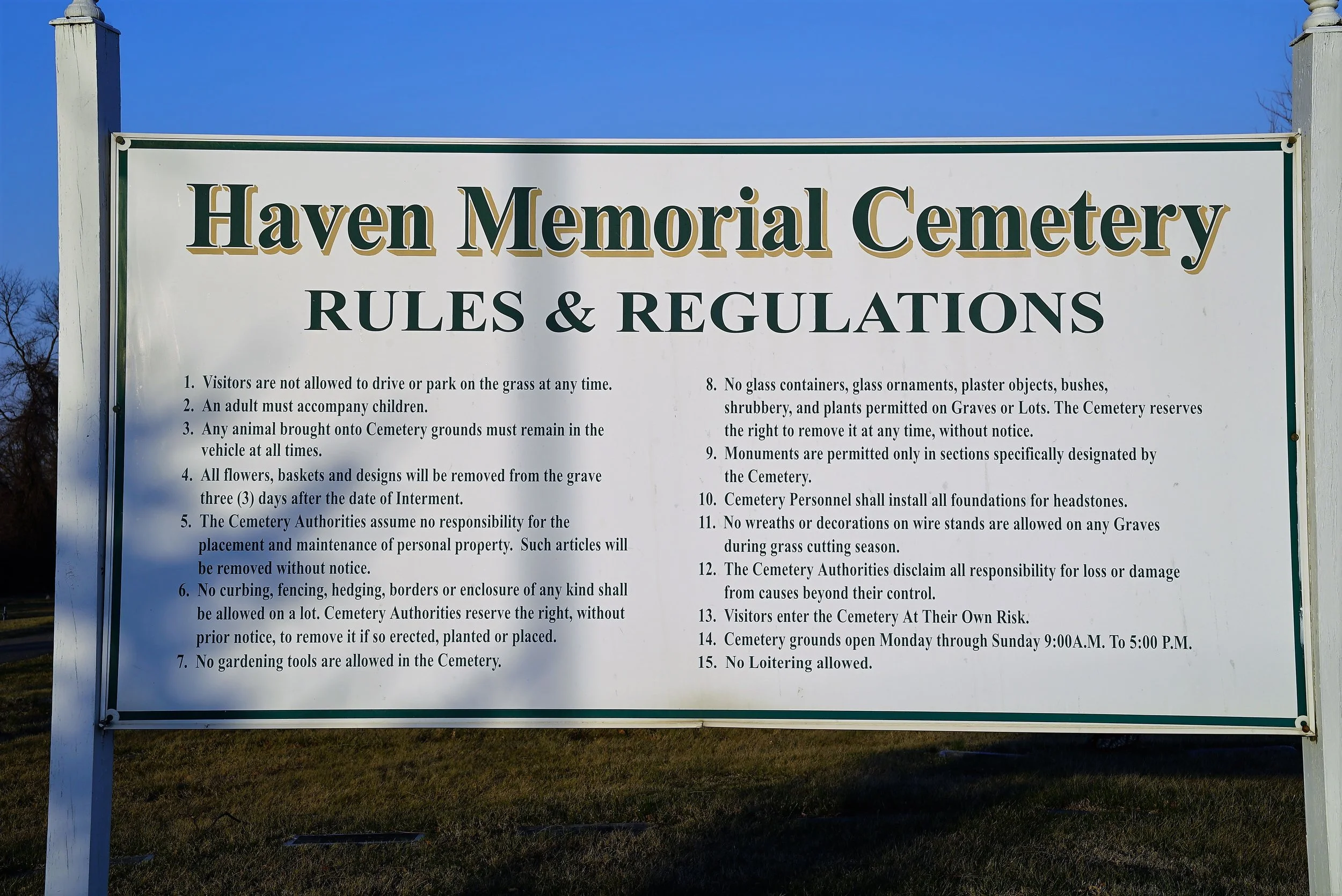 Photo of "rules and regulations" at Haven Memorial Cemetery, Chester Township, Pennsylvania.
