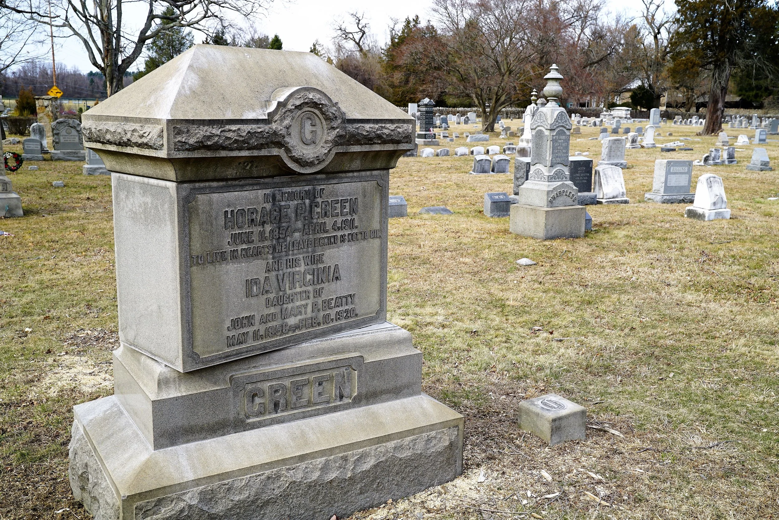 Horace Green played a role in forming the Cumberland Cemetery back in the 1880's. You might be wondering how in the world somebody was able to move that stone like that. See the sawdust on the ground? A tree fell and hit this stone. That's how it moved.