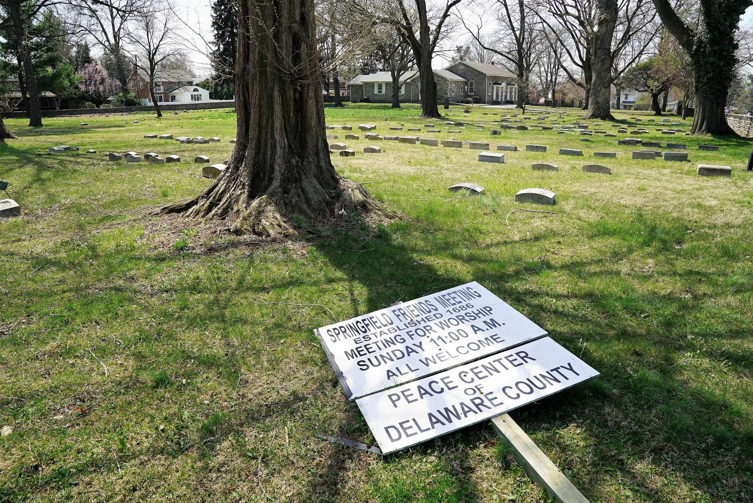 A sign waits for a repair. Springfield Friends Meeting House and Burial Ground. Springfield, PA.