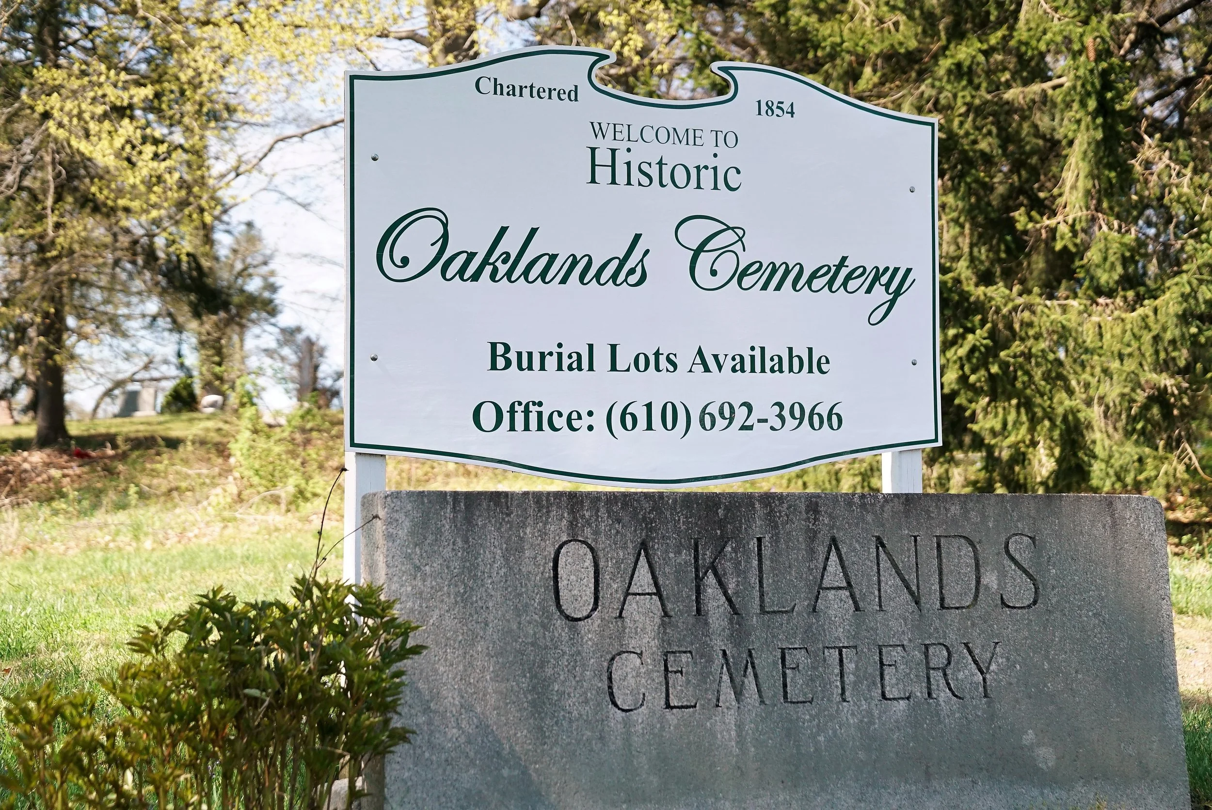 Sign at the entrance to Oaklands Cemetery. West Chester, Pennsylvania.