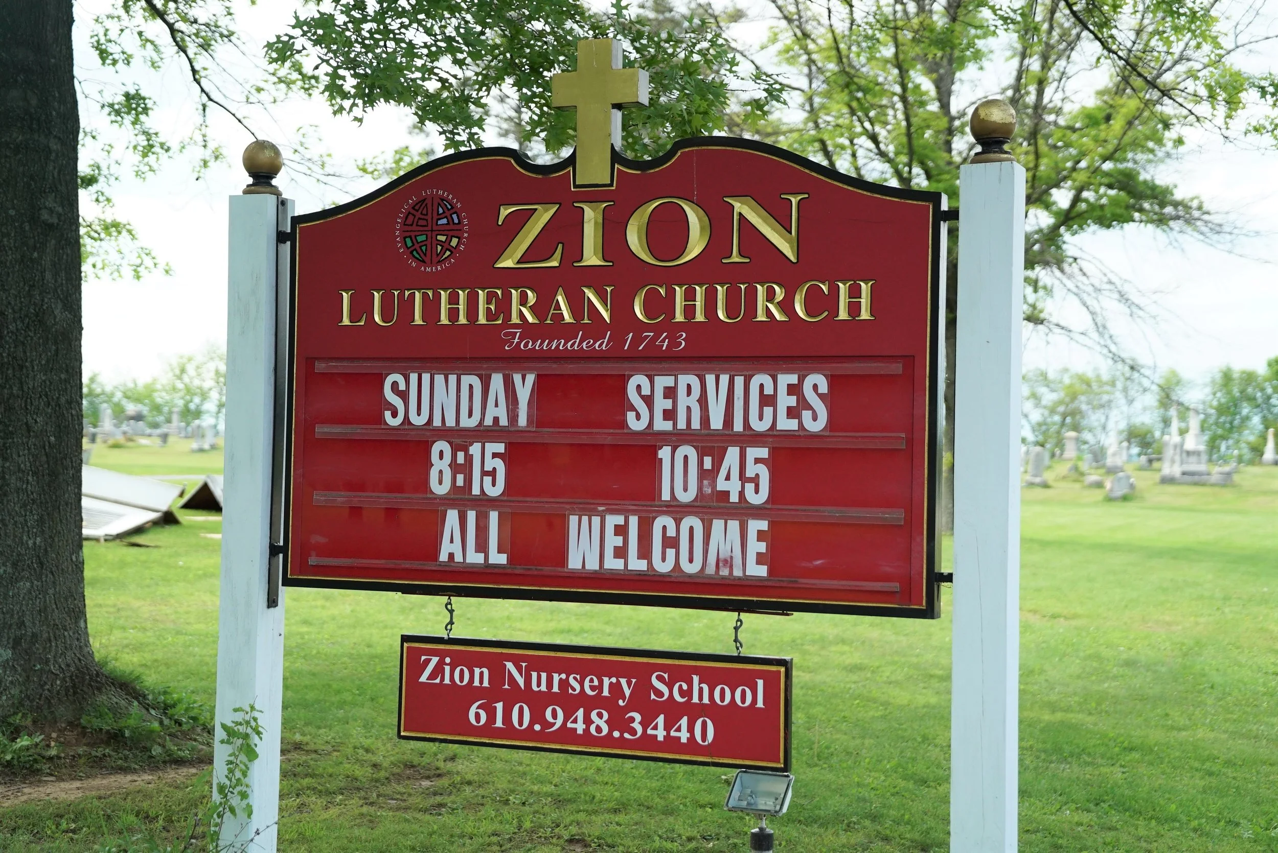 Roadside sign at Zion Lutheran Church Cemetery. Spring City, Pennsylvania.