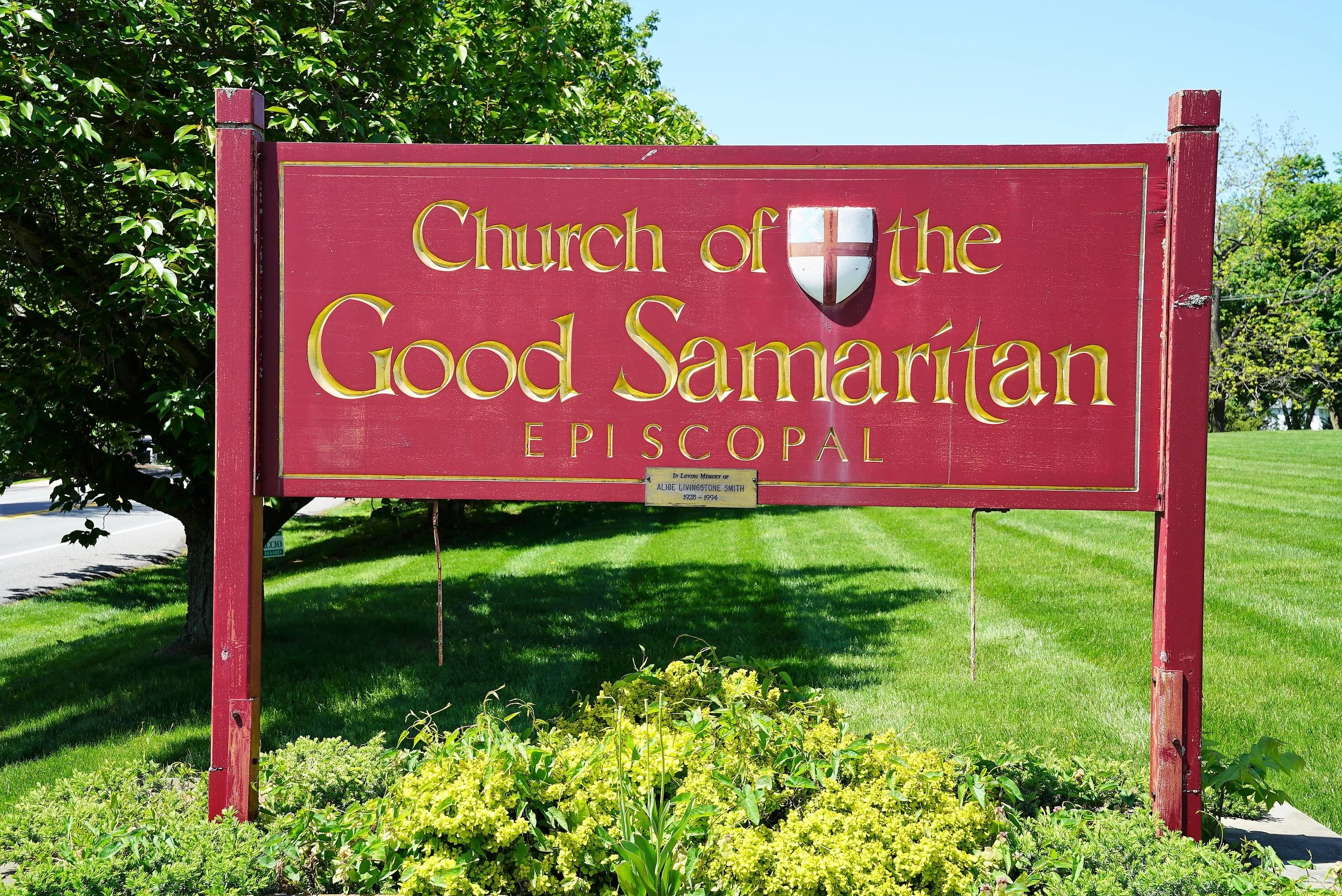 At the rear entrance: Signage of the Church Of The Good Samaritan. Paoli, Pennsylvania.