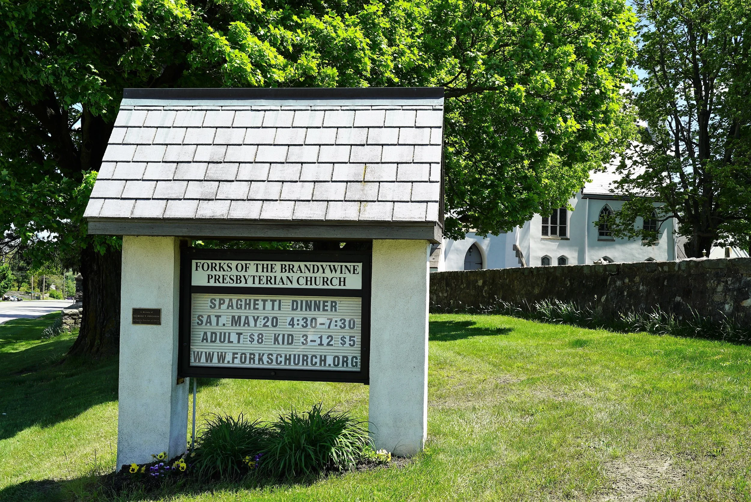 Roadside sign beside the Forks Of The Brandywine Presbyterian Church Cemetery. Glen Moore, Pennsylvania.