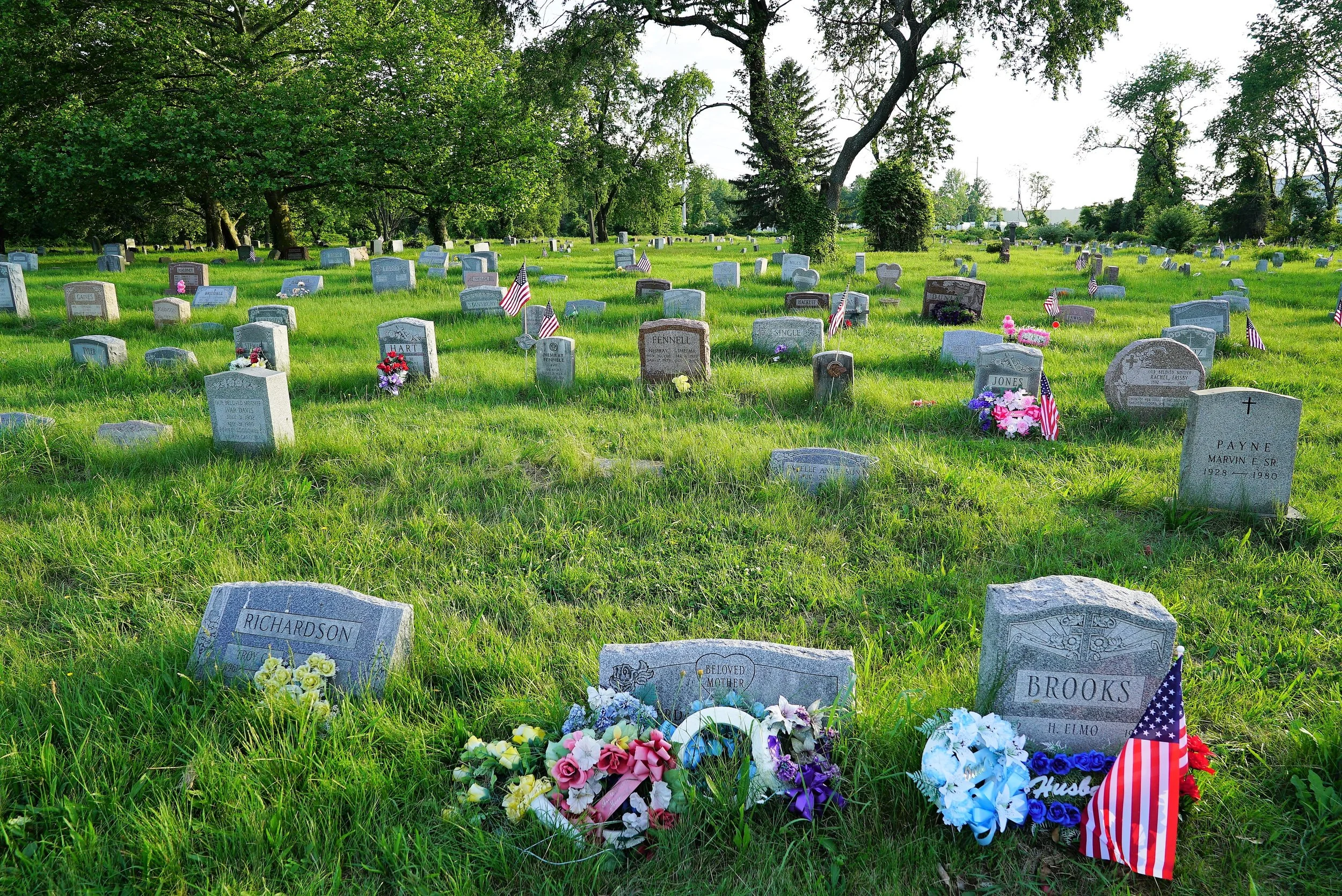 Greenlawn Cemetery. Chester Township, Pennsylvania. The grounds are neglected, but visitors still come here. May 31, 2017.