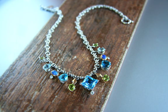    Sex&nbsp;in the City - 14k white gold necklace with blue topaz, opal, peridot and diamonds  