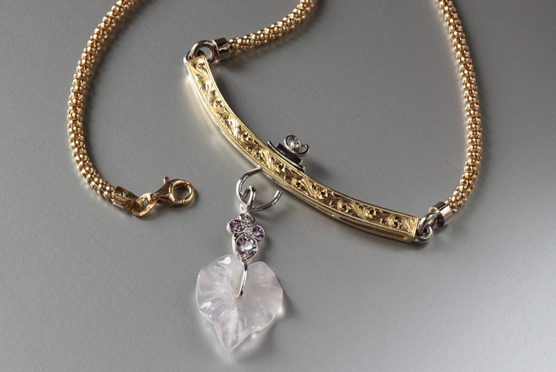   18k handmade, hand-engraved neckpiece with a pink quartz, pink sapphire and diamond dangling charm  