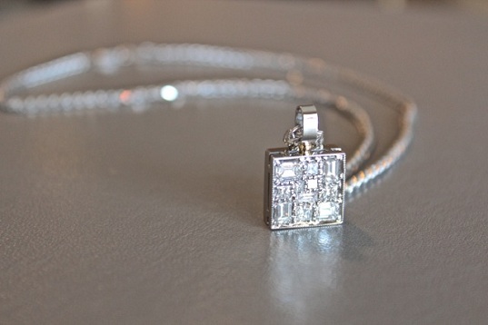   14kt white gold square pendant with pave diamonds  