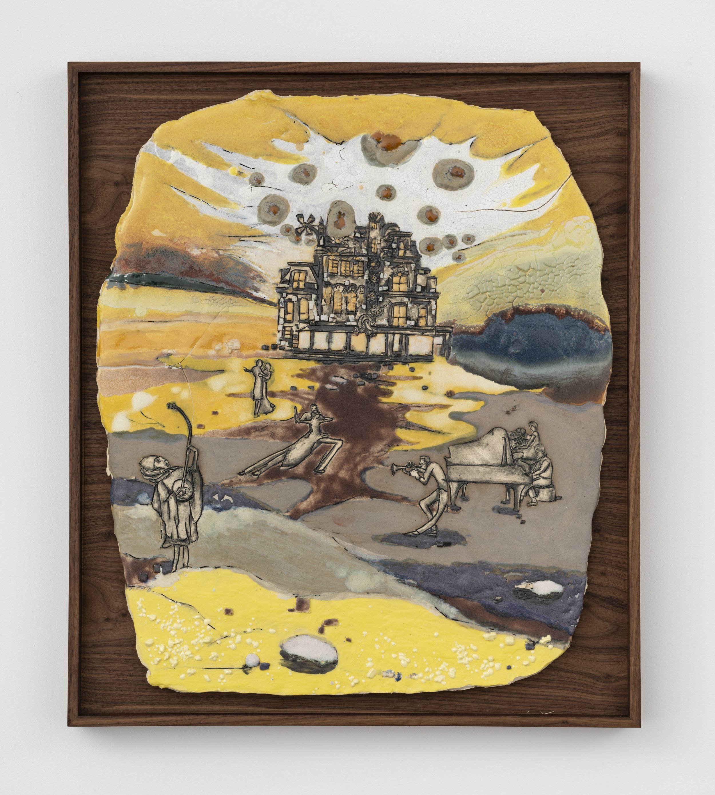   Bottle Dance  Custom glaze on stoneware, framed 23 ¹⁄₂”  x  20 ¹⁄₄”  2025   