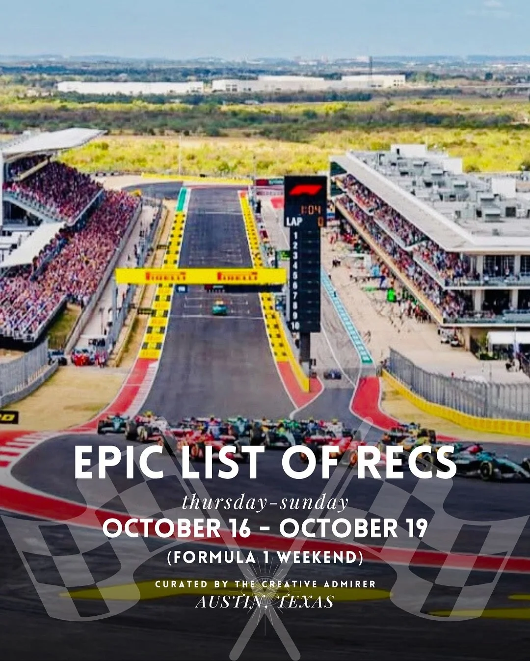 EPIC LIST OF ATX RECS 🙌 Thursday, October 16th - Sunday, October 19th 

~ Helloooo @f1 Weekend and 14 pages of FUN! Tbh this is a pretty epic list packed-n-stacked with not to be missed activities all weekend long! 

OVER 75+ EVENTS, make sure to ch