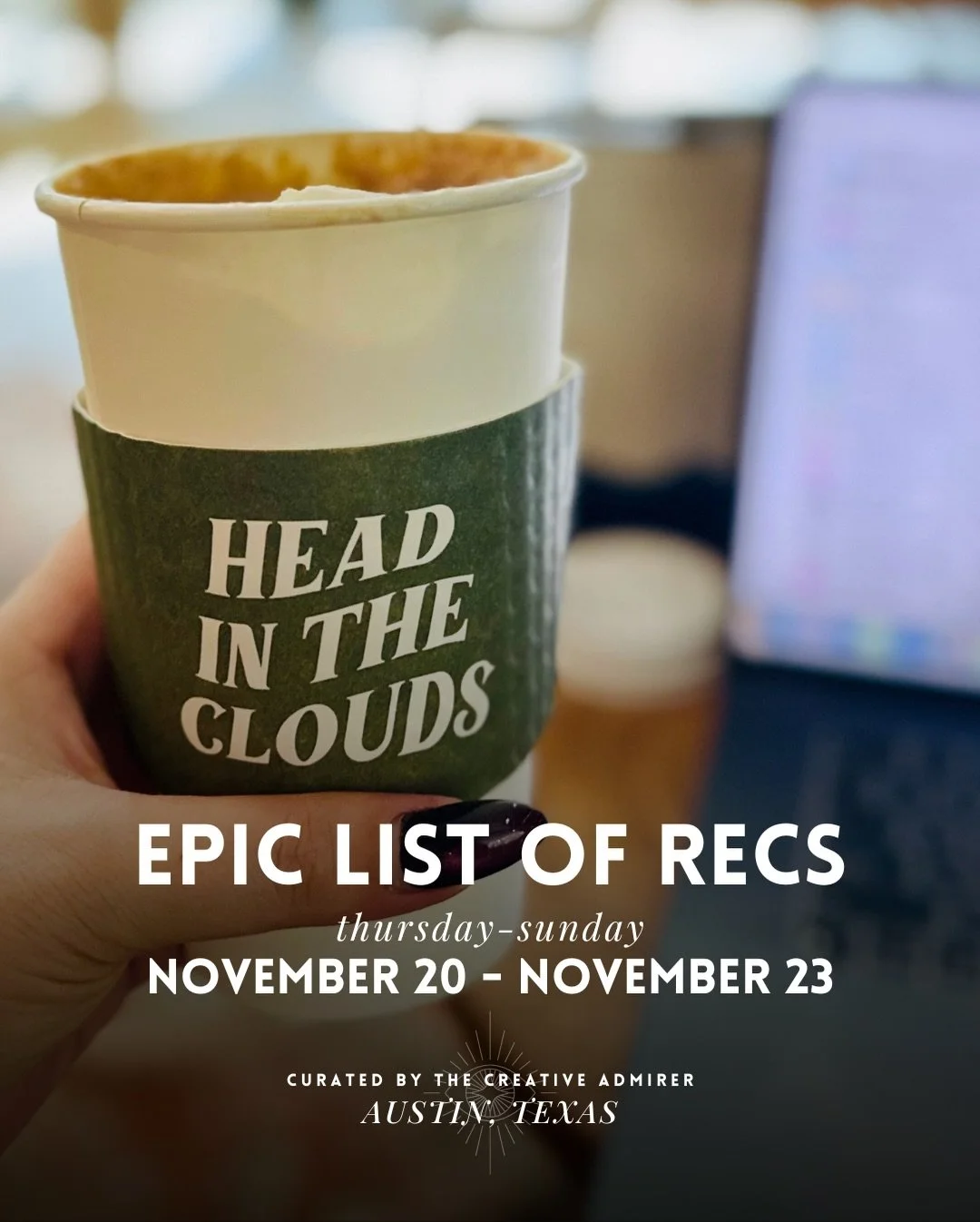 EPIC LIST OF ATX RECS 🙌 Thursday, November 20th - Sunday, November 23th 

~Rain or shine, we always have a good time around here! 

🧿 @coffeeandchill_atx @batheaustin 
👁️ The Big Deck Show @propagandahqatx 
🧿 Living Dream Solar Return @thisismesm