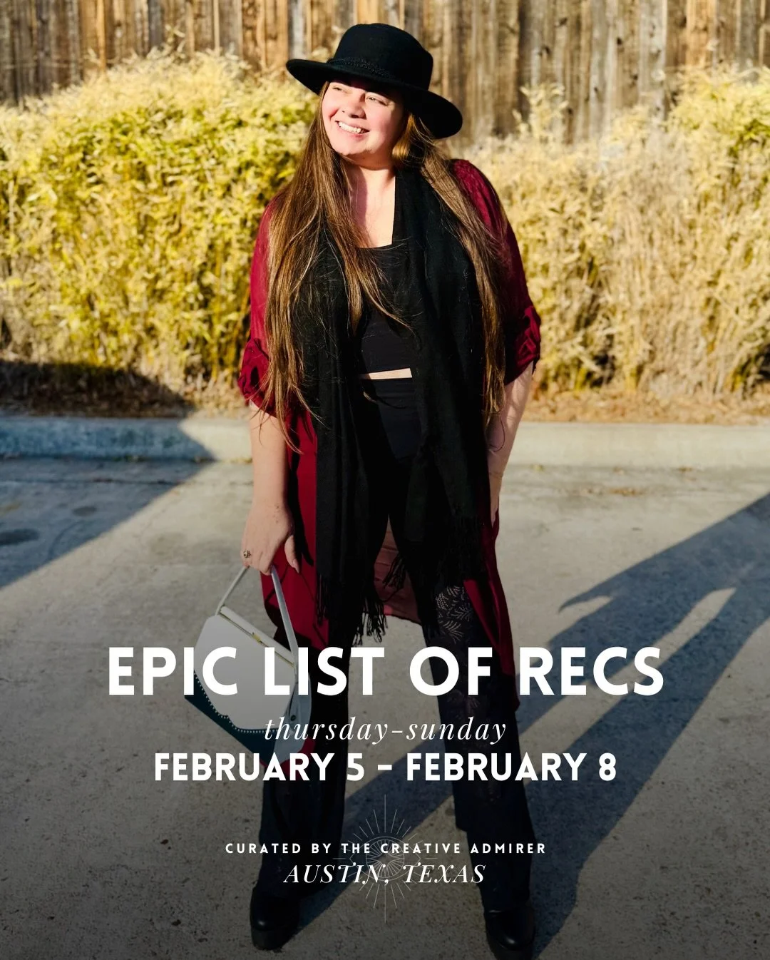 🥂 EPIC LIST OF ATX RECS! Thursday, February 5 - Sunday, February 8

~Oooo February coming in nicely! Super Bowl dominating Sunday, but besides that, 3 pages for Saturday! 

Make sure to check out:
🧿 first thursday @southcongresshotel 
👁️ native sp