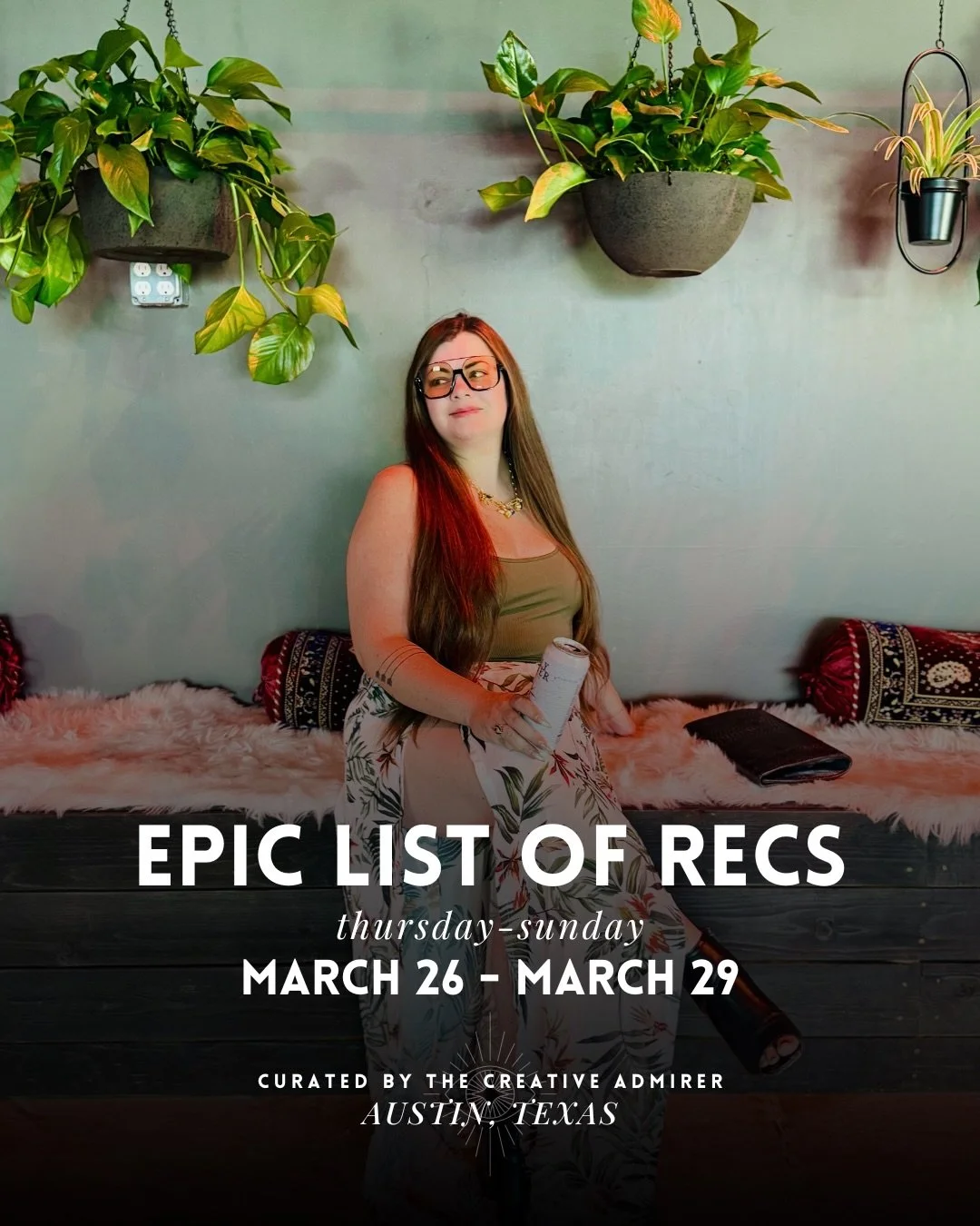 ✨EPIC LIST OF RECS: THURSDAY, MARCH 26 - SUNDAY, MARCH 29

~ 60+ events, poppin weekend ahead! 

Make sure to check out:
🧿 3 year anniversary @shophowdy&rsquo;s
👁️ rainey starts here music &amp; art fest @raineystartshere @clivebaratx  @kickpunchbi