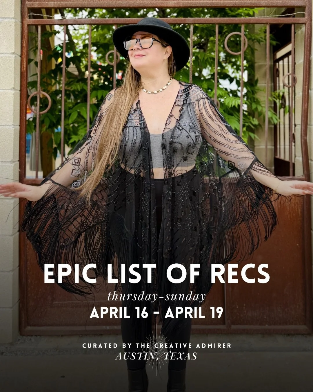 ✨EPIC LIST OF RECS: THURSDAY, APRIL 16TH - SUNDAY, APRIL 19TH 

~ Over 70+ graphics this weekend!

Make sure to check out:
🧿 austin reggae festival at auditorium shores @austinreggaefestival @zigzagworld
👁️ 4th annual texas mushroom conference at e