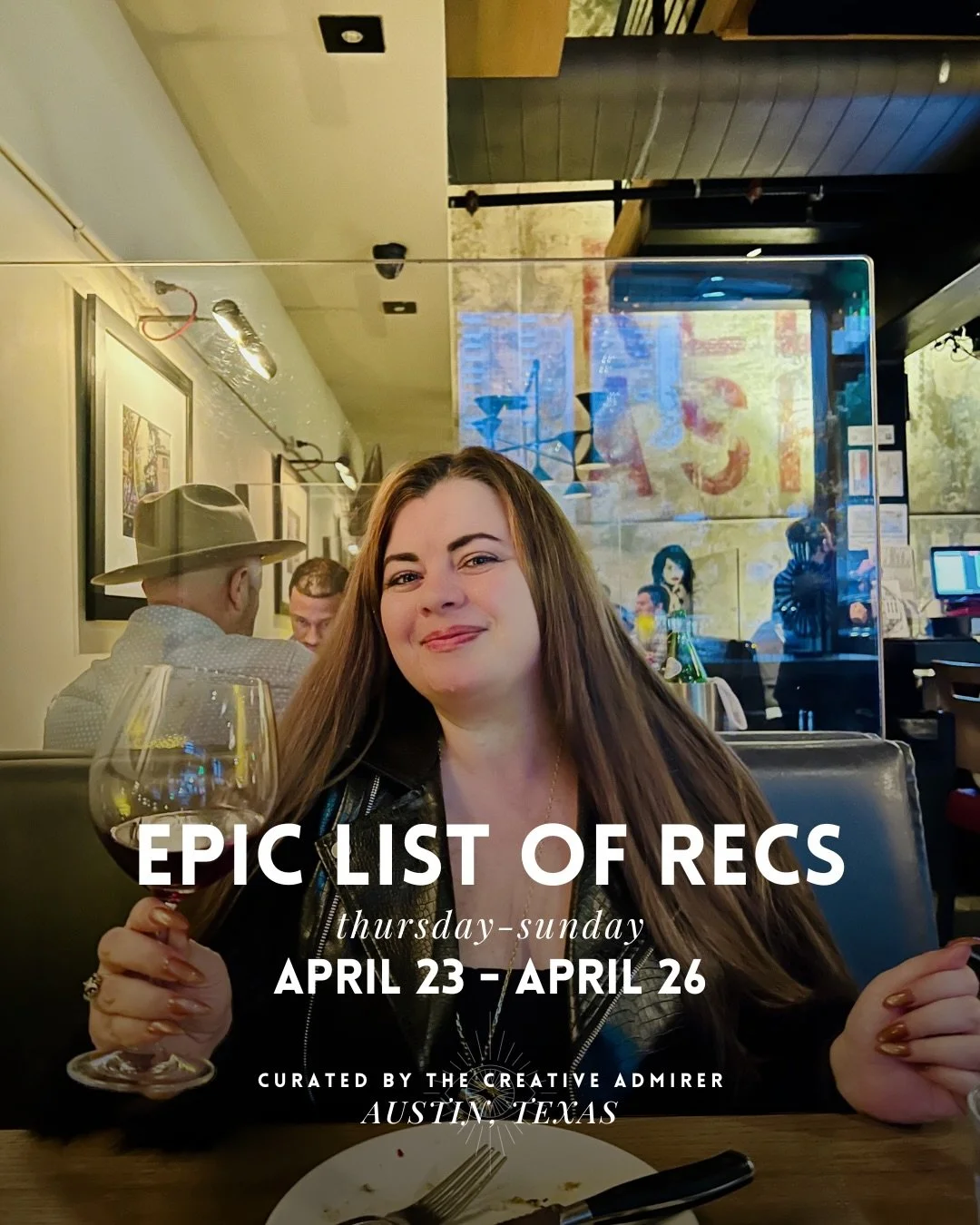 ✨EPIC LIST OF RECS: THURSDAY, APRIL 23 - SUNDAY, APRIL 26

~ When a &ldquo;quieter&rdquo; weekend is still poppin, jk we don&rsquo;t have &ldquo;quiet&rdquo; weekends anymore in Austin let&rsquo;s explore! Lots of anniversaries and celebrations&helli