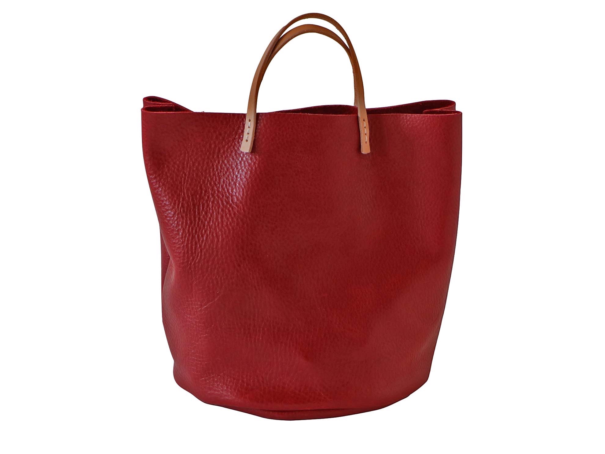 red milled vegetable tanned leather marguerite tote artisan made american made spring finn and co red leather bucket bag spring finn and co talin spring soft red leather