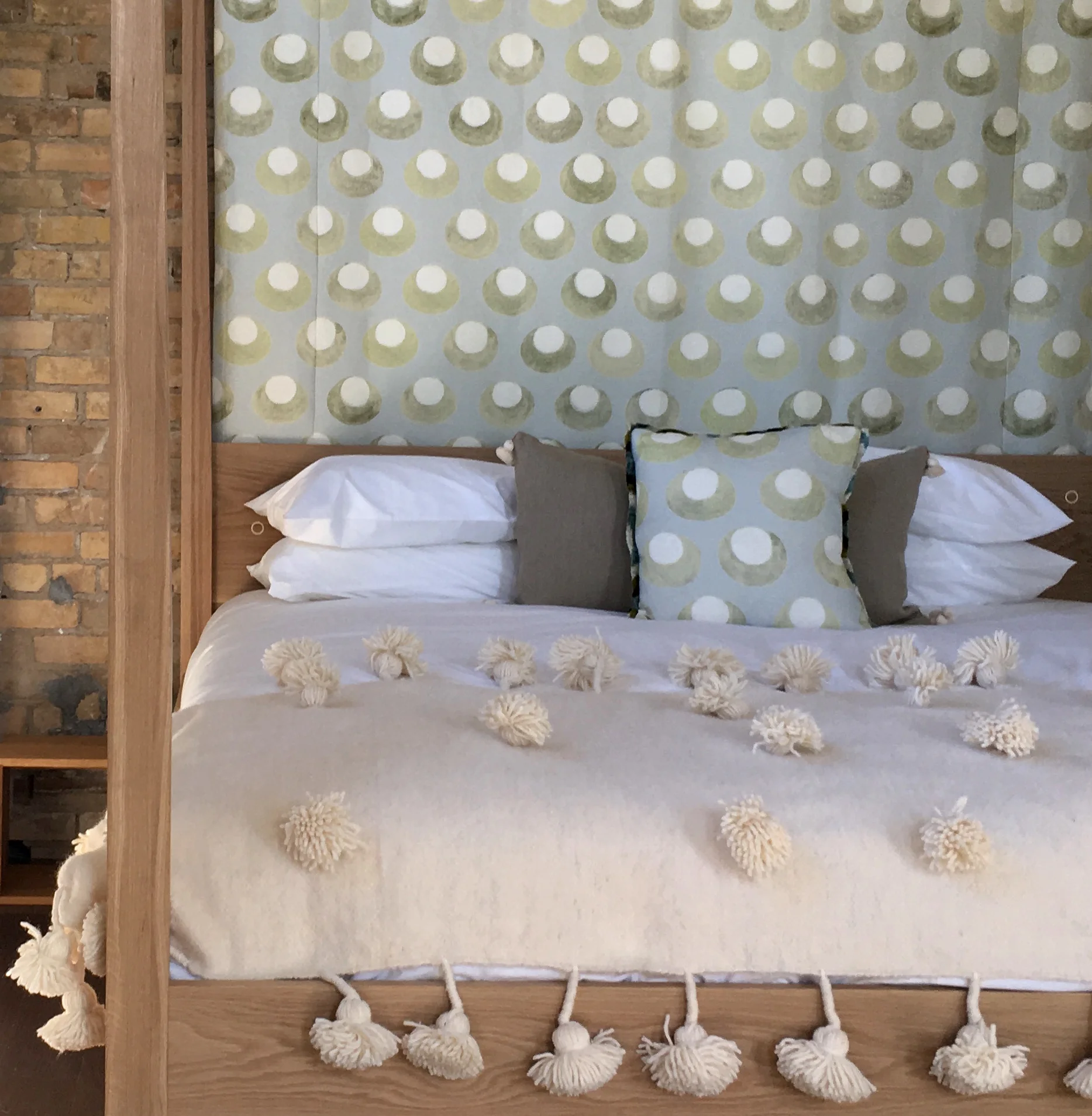 nuage white wool bed throw with pompoms for queen bed and king bed spring finn and co made in morocco talin's bazaar