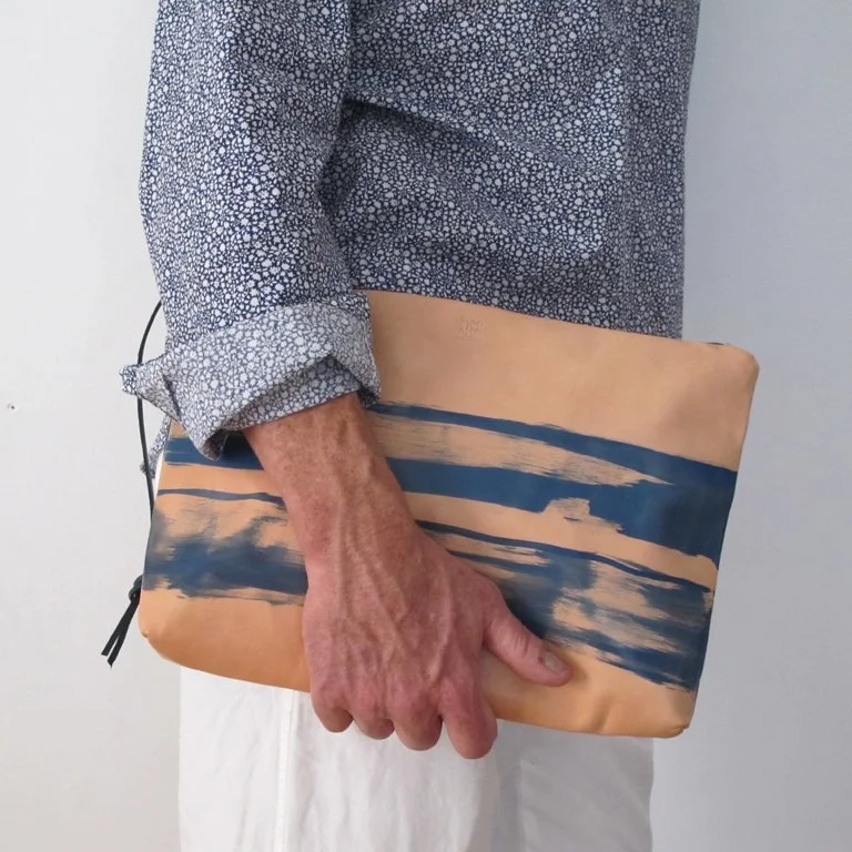 Timbuktu Indigo Wave hand painted vegetable tanned leather clutch spring finn and co Abderrahamane Sissako