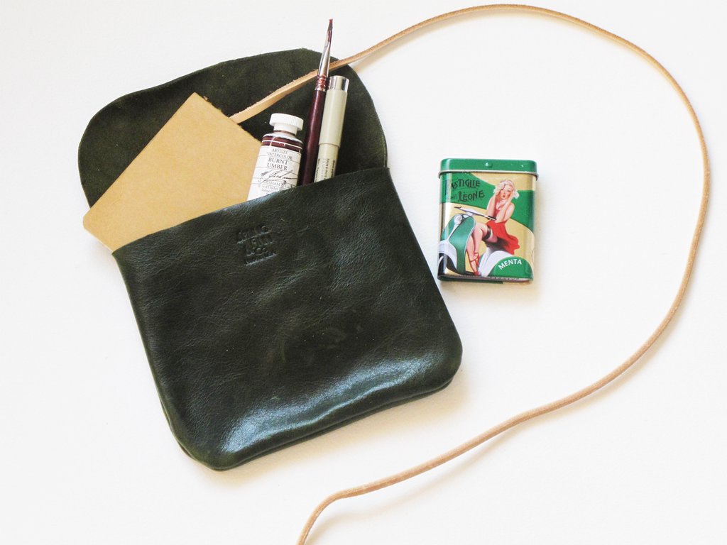brioche green leather pouch with natural vegetable tanned wrap spring finn and co talin spring made in midwest