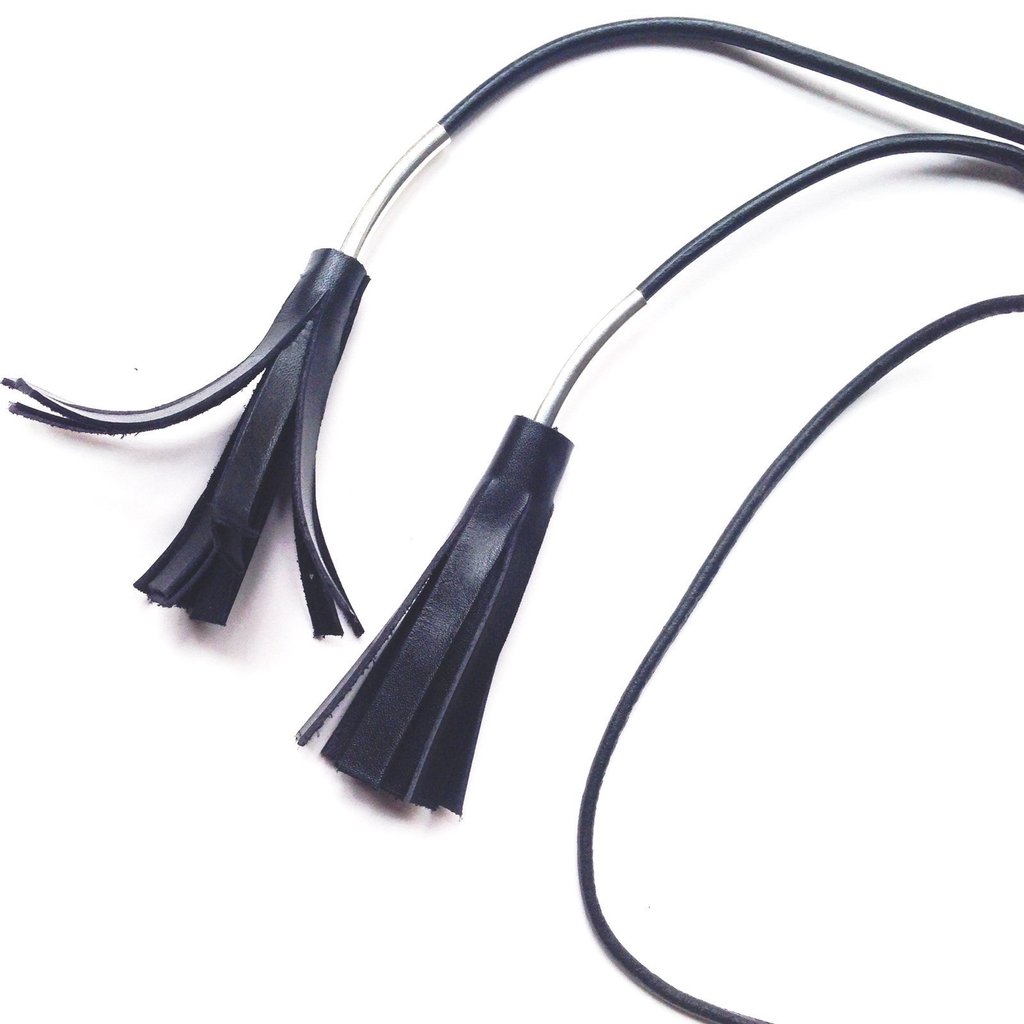 black leather tassle belt necklace with sterling silver leather black stitching spring finn and co made in america talin spring