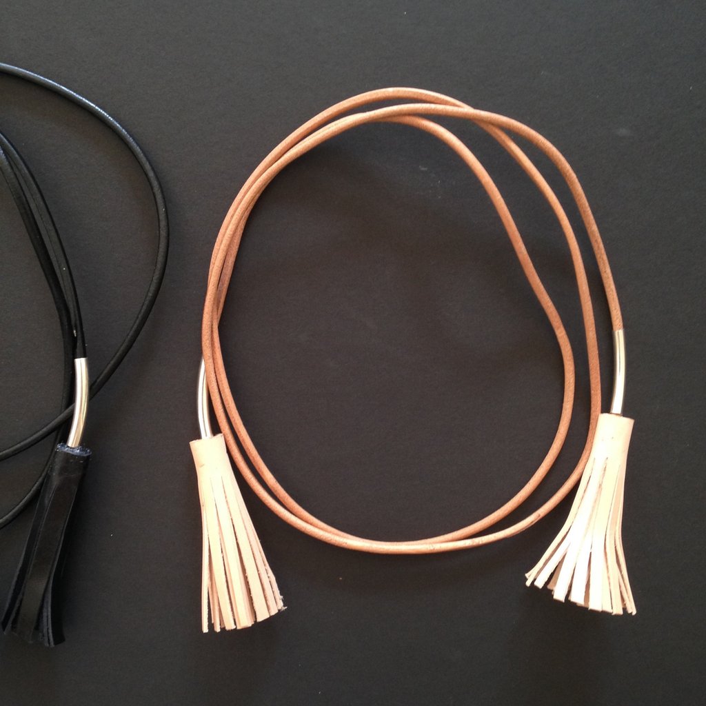 black leather tassle belt necklace with sterling silver leather black stitching spring finn and co made in america talin spring