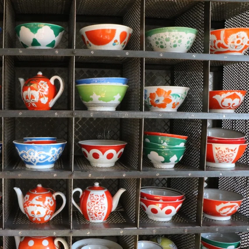 talin's bazaar vintage uzbek ikat blue print tea cup bowl gold rim uzbekistan vintage soviet vintage spring finn and co talin spring