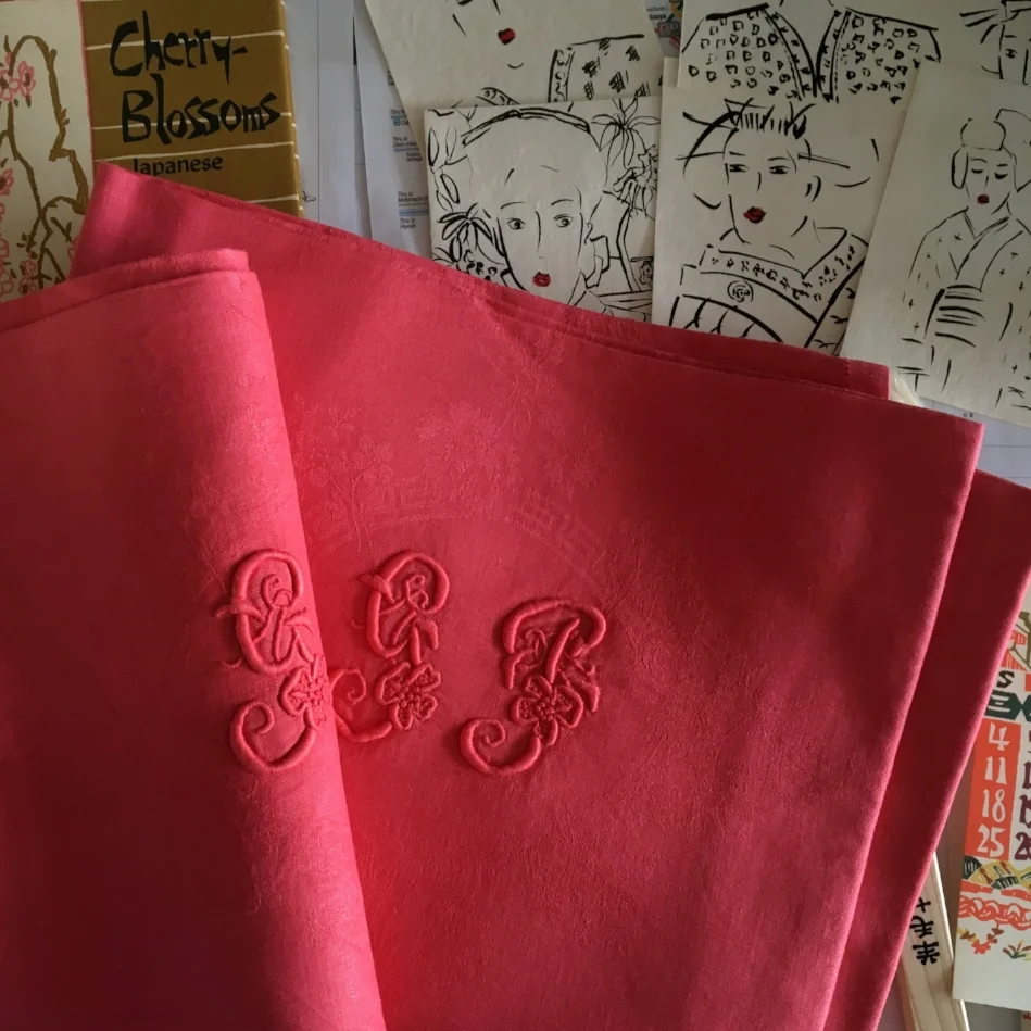 red vintage french napkin spring finn and co, homelinens minneapolis