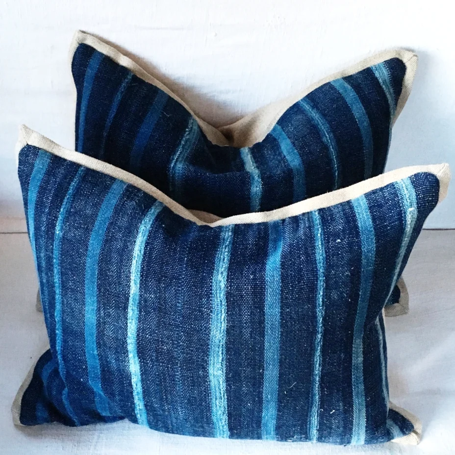 mad cloth pillow indigo spring finn and co design, belgian linen,vintage indigo madcloth pillows mali, linen pillows, vintage pillow, mad cloth pillow