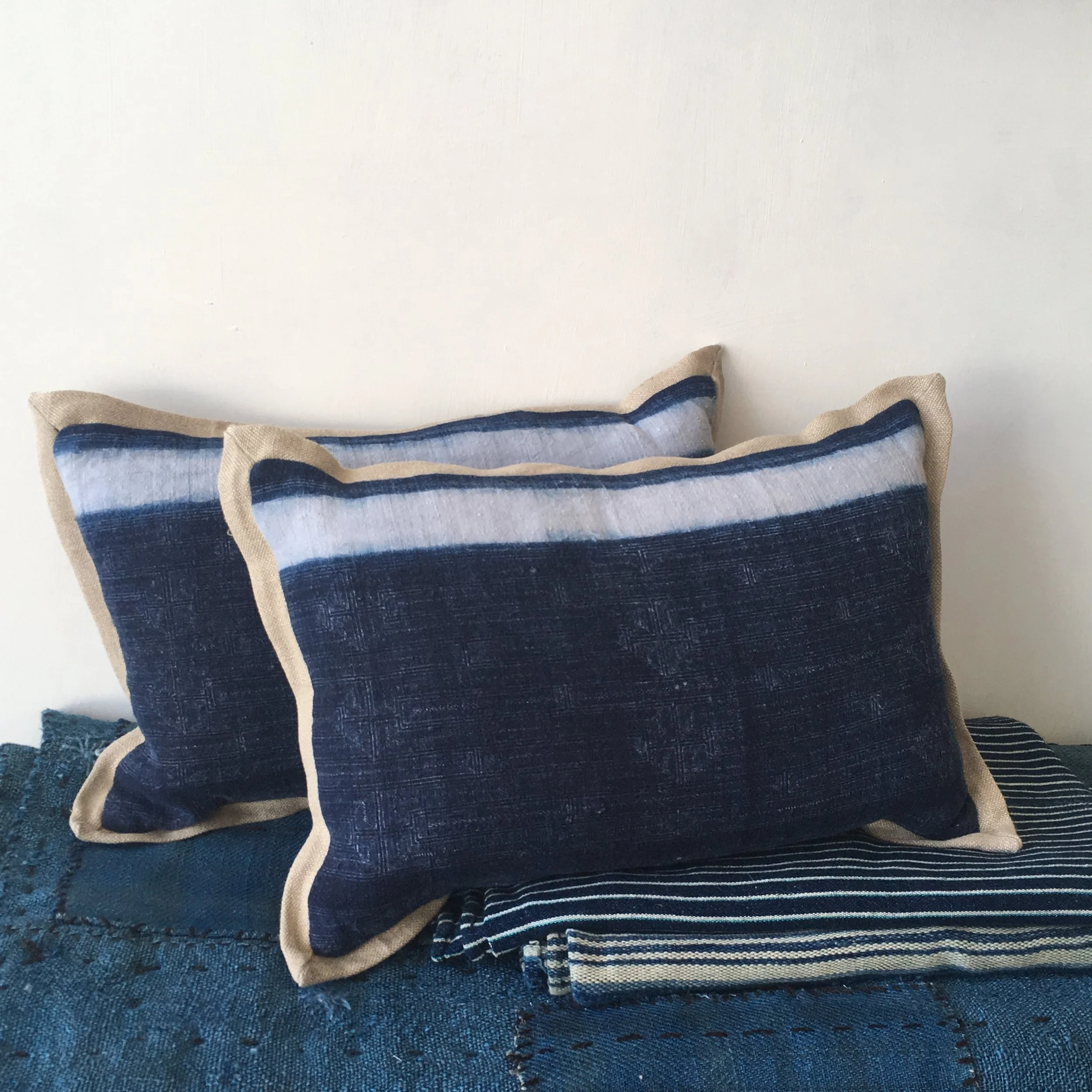PAIR OF INDIGO MIAO BATIK FABRIC VINTAGE PILLOWS