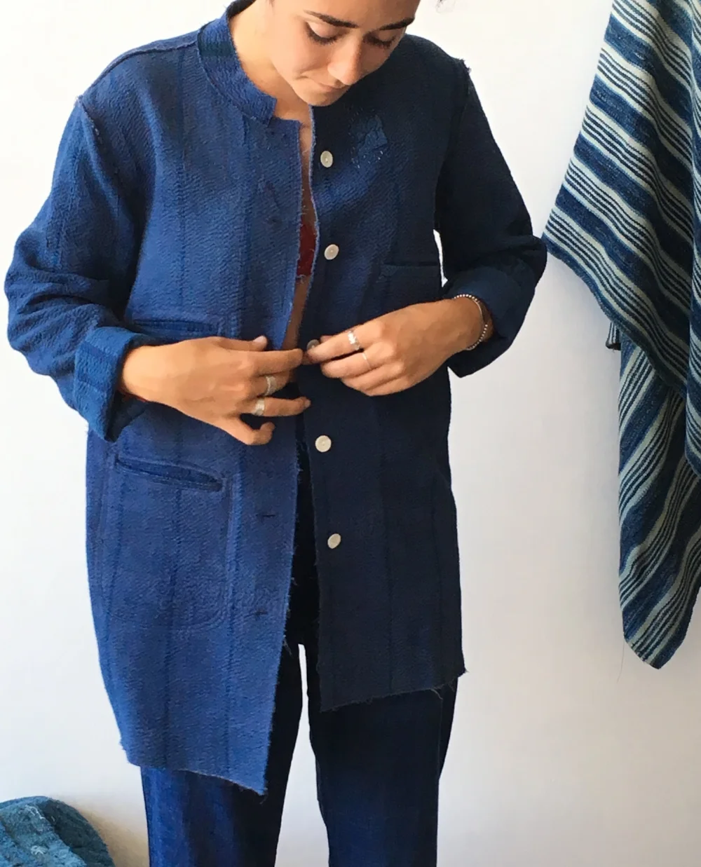 indigo kantha jacket coat jaipur made hand dyed indigo jacket springfinnandco