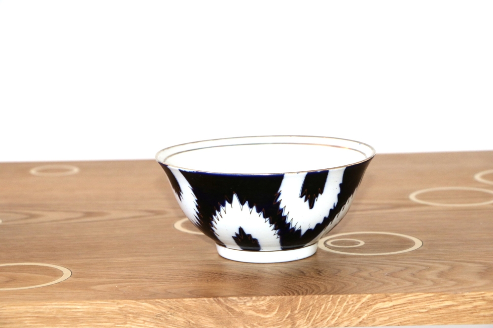 talin's bazaar vintage uzbek ikat blue print tea cup bowl gold rim uzbekistan vintage soviet vintage spring finn and co talin spring