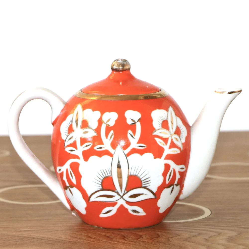 talin's bazaar vintage uzbek tea pot orange gold uzbekistan vintage soviet vintage spring finn and co talin spring