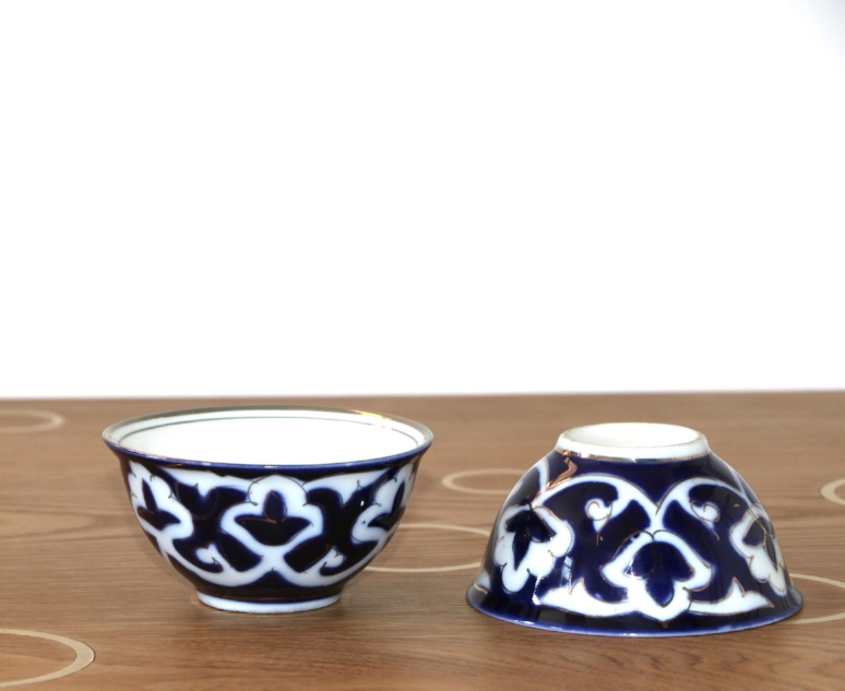 talin's bazaar vintage uzbek ikat blue print tea cup bowl gold rim uzbekistan vintage soviet vintage spring finn and co talin spring