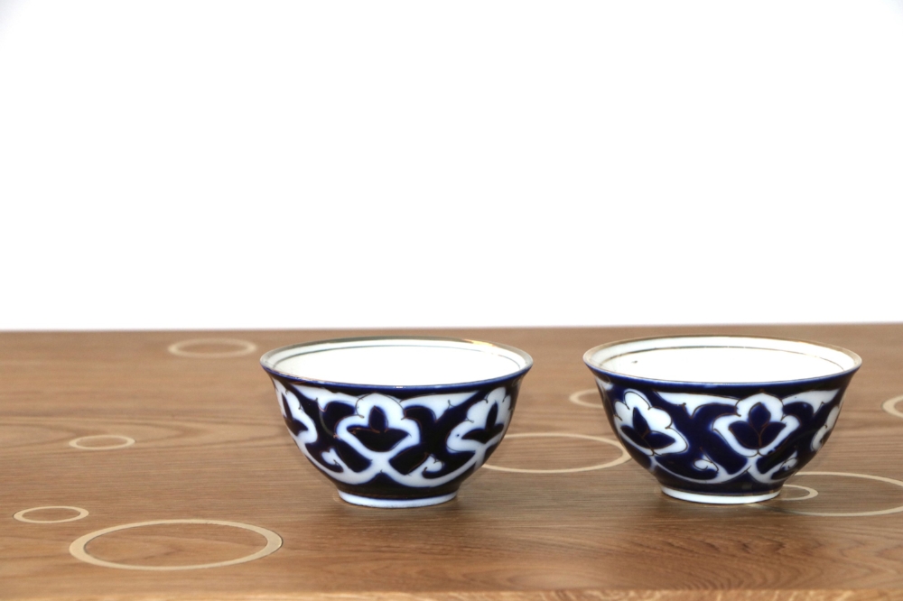 talin's bazaar vintage uzbek ikat blue print tea cup bowl gold rim uzbekistan vintage soviet vintage spring finn and co talin spring