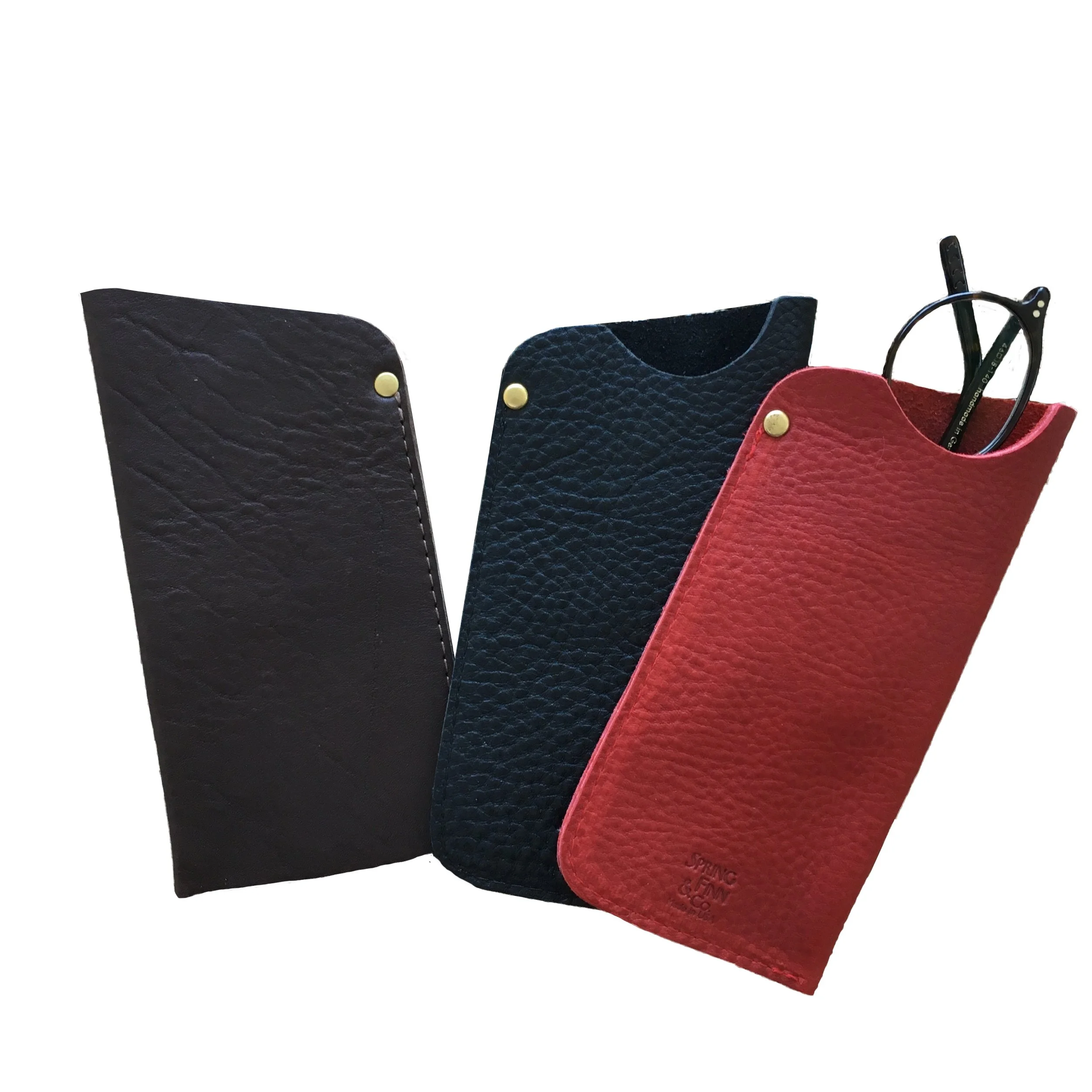 leather eyeglass case in red, chocolate, black