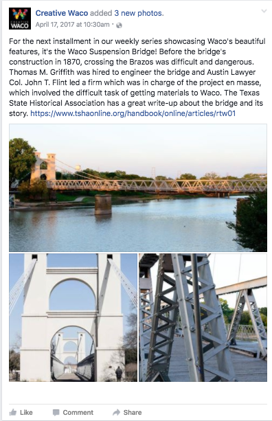 Waco's Suspension Bridge is an easily identifiable figure in local architecture. 