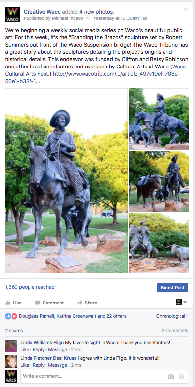 I introduced a new social media series to our Instagram and Facebook channels. These photos feature local monuments of public art and provide info about them. 