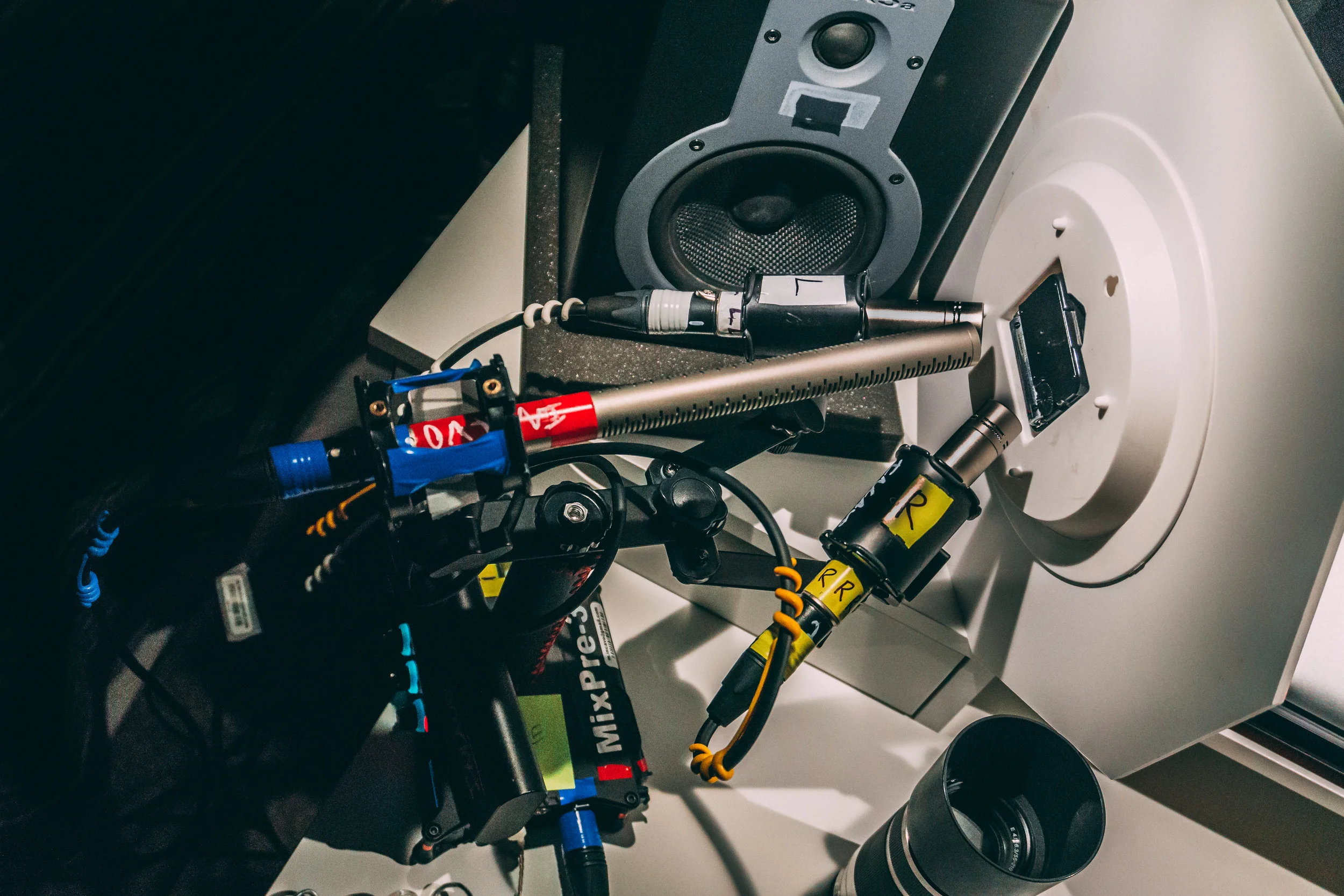The Rode NT5's are configured in a sort of micro-ORTF stereo array with a Rode NTG3 in the center. Everything is being recorded into a Sound Devices MixPre-3 powered by an Anker PowerCore+ 20100 USB-C battery.