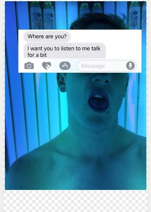 Self Portrait Feb. 2017 Selfie, Text from my roommate, PNG background. Archival Digital Print. 2017 7:5
