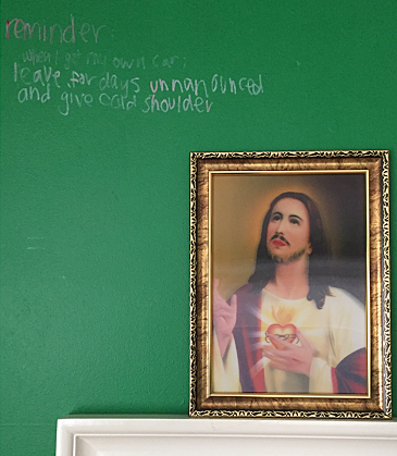 WWJD Photograph of arranged mirror, Jesus portrait and wall reminder. Archival Digital Print. 2016 5:1