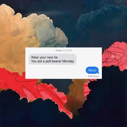 Nooo Collaged: stock image clouds, iphone notes/drawing, text from Dad. Archival Digital Print. 2018 1:1