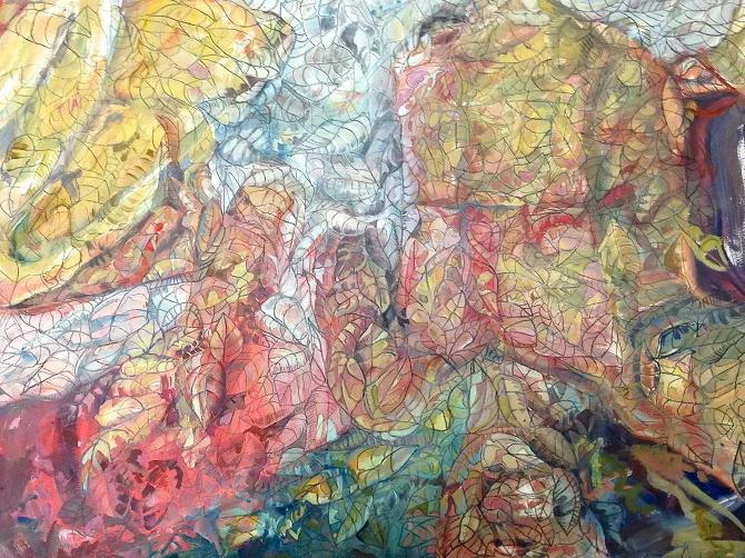 SELF PORTRAIT AS LEAVES oil paint and graphite on canvas paper. 22 " x 30 "